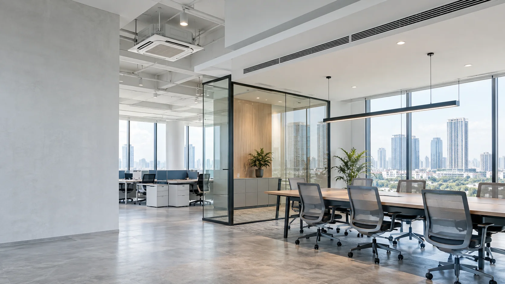 Ruang komersial dengan diffuser ducted dan indoor AC cassette pada zona berbeda