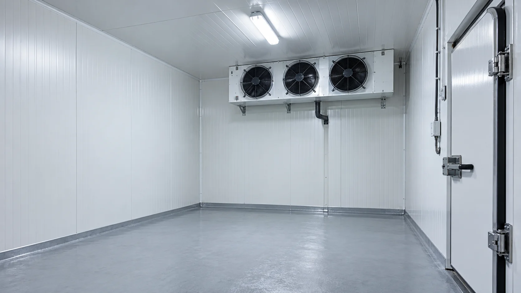 Interior cold room baru dengan evaporator, sensor, dan pintu berinsulasi