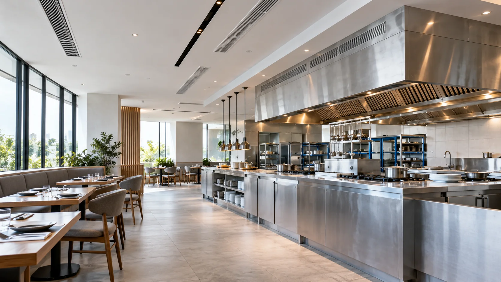 Area restoran dan dapur komersial dengan hood exhaust serta kisi tata udara