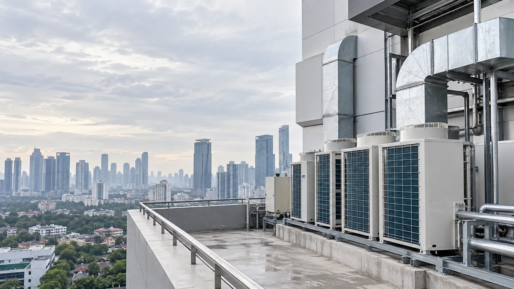Area servis HVAC pada bangunan komersial dengan latar gedung perkotaan Jakarta