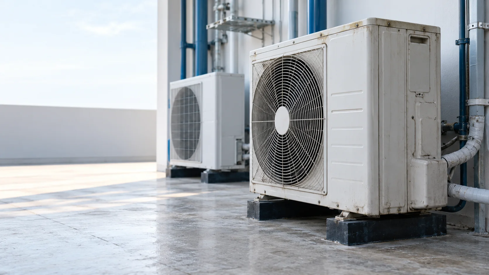 Unit outdoor AC lama dan unit baru pada area evaluasi peralatan pendingin