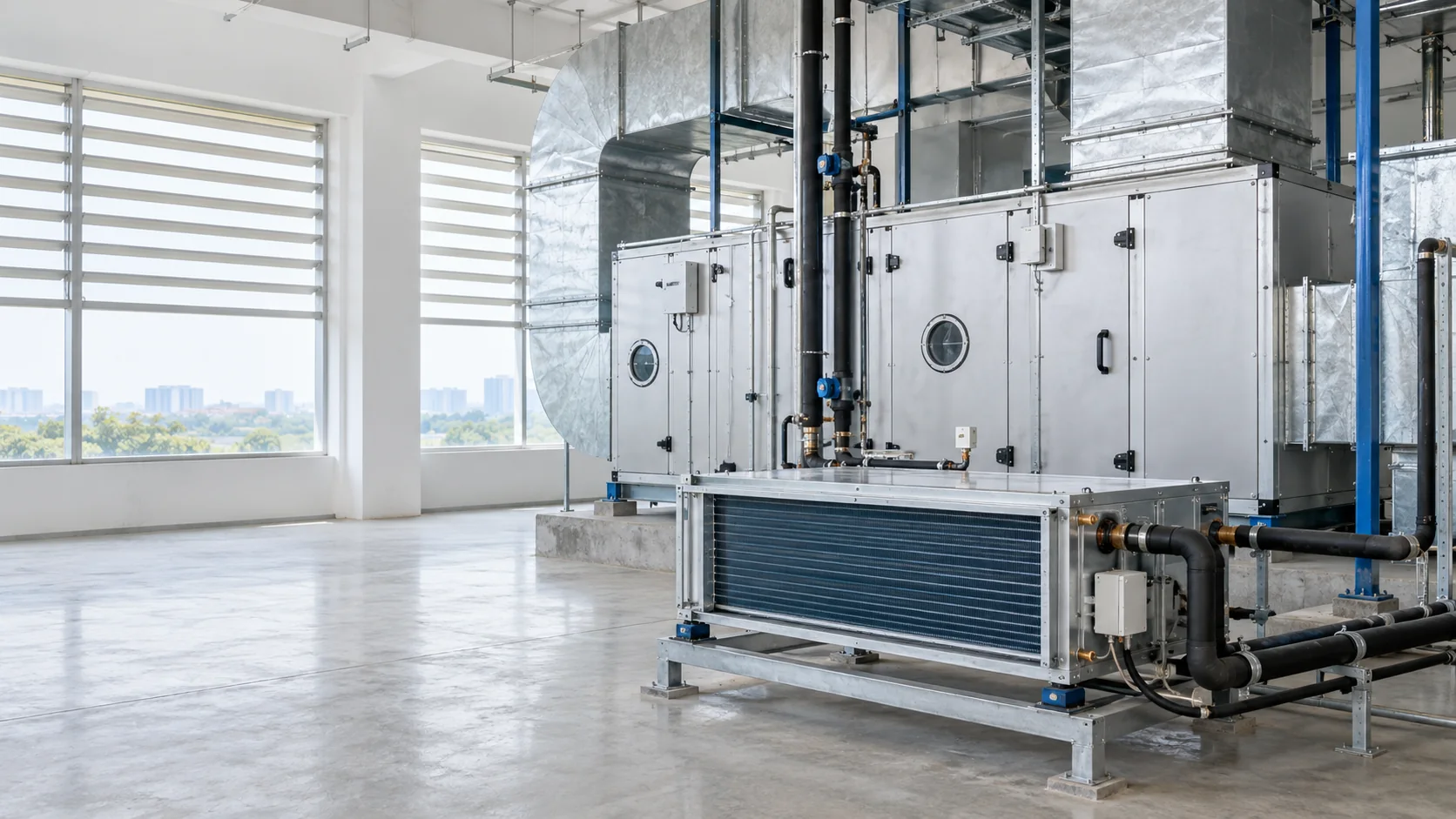 Air handling unit besar dan fan coil unit kompak pada area display teknis