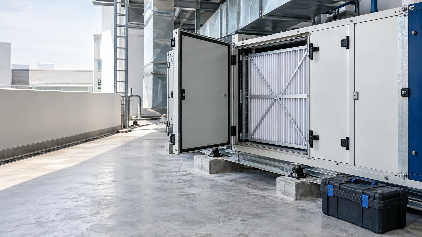 Kompartemen filter air handling unit dengan ruang akses untuk pemeliharaan