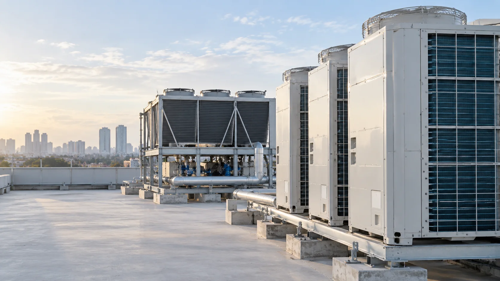 Unit VRF dan chiller pada area mekanikal rooftop bangunan komersial