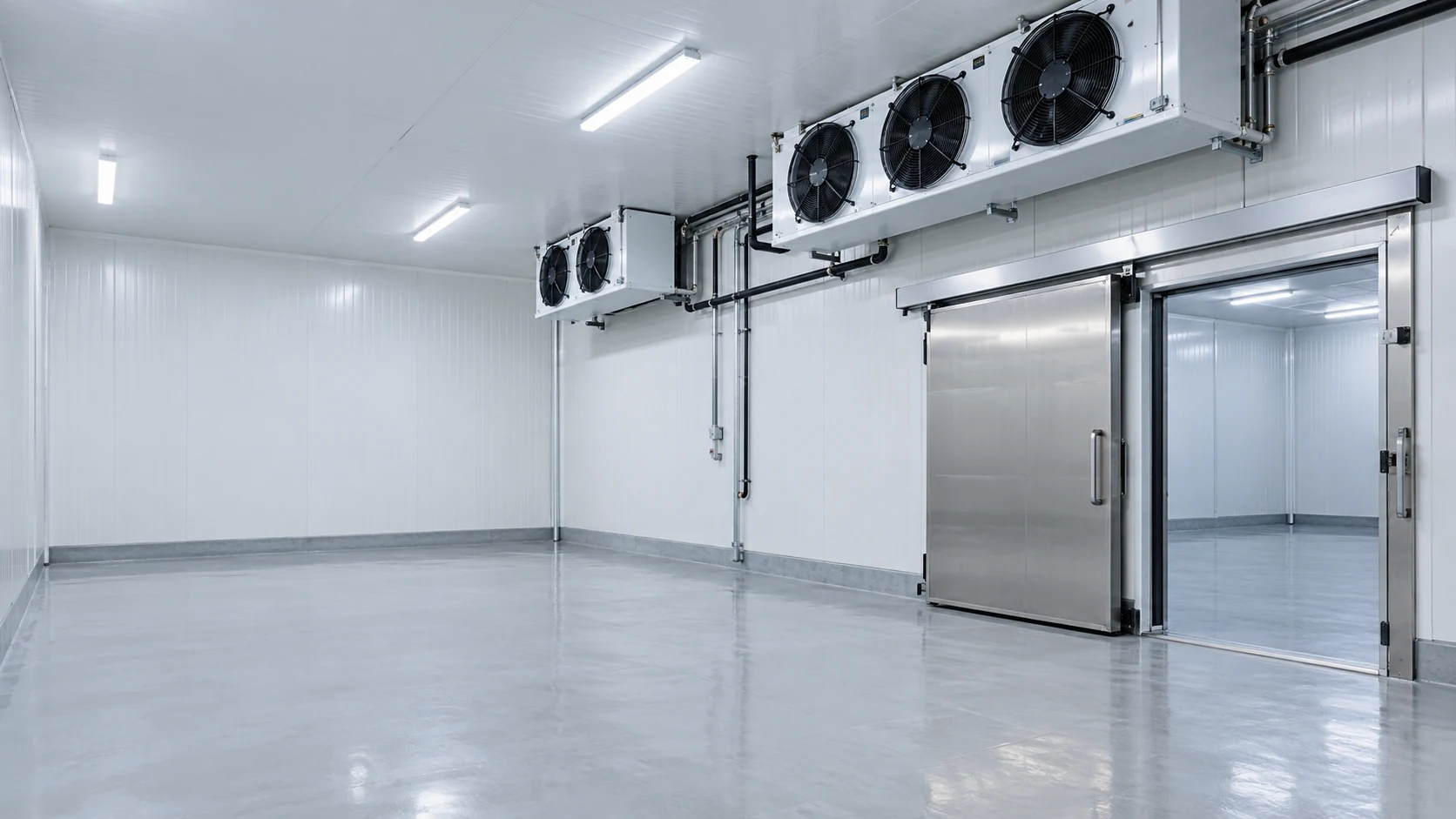 Ruang cold storage modern dengan panel insulasi putih dan pintu geser stainless steel