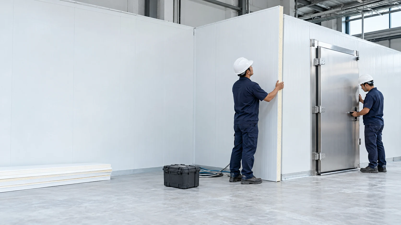 Konsep pemasangan panel insulasi dan pintu stainless steel pada ruang cold storage