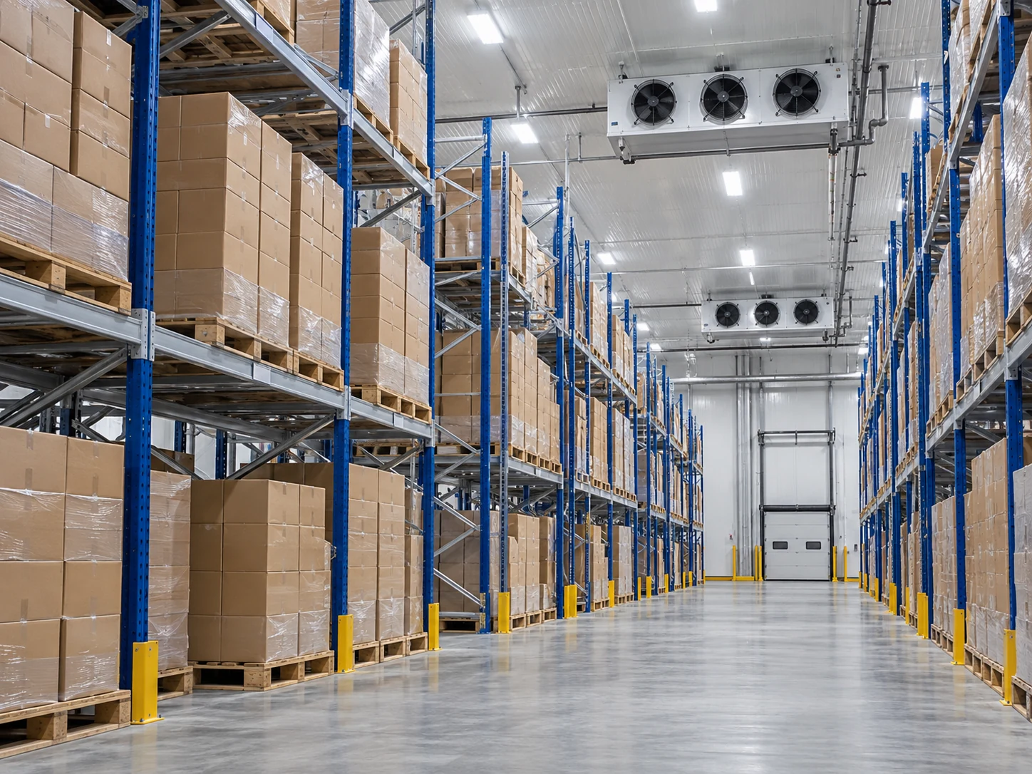 Gudang cold storage dengan rak palet dan sistem evaporator di langit-langit