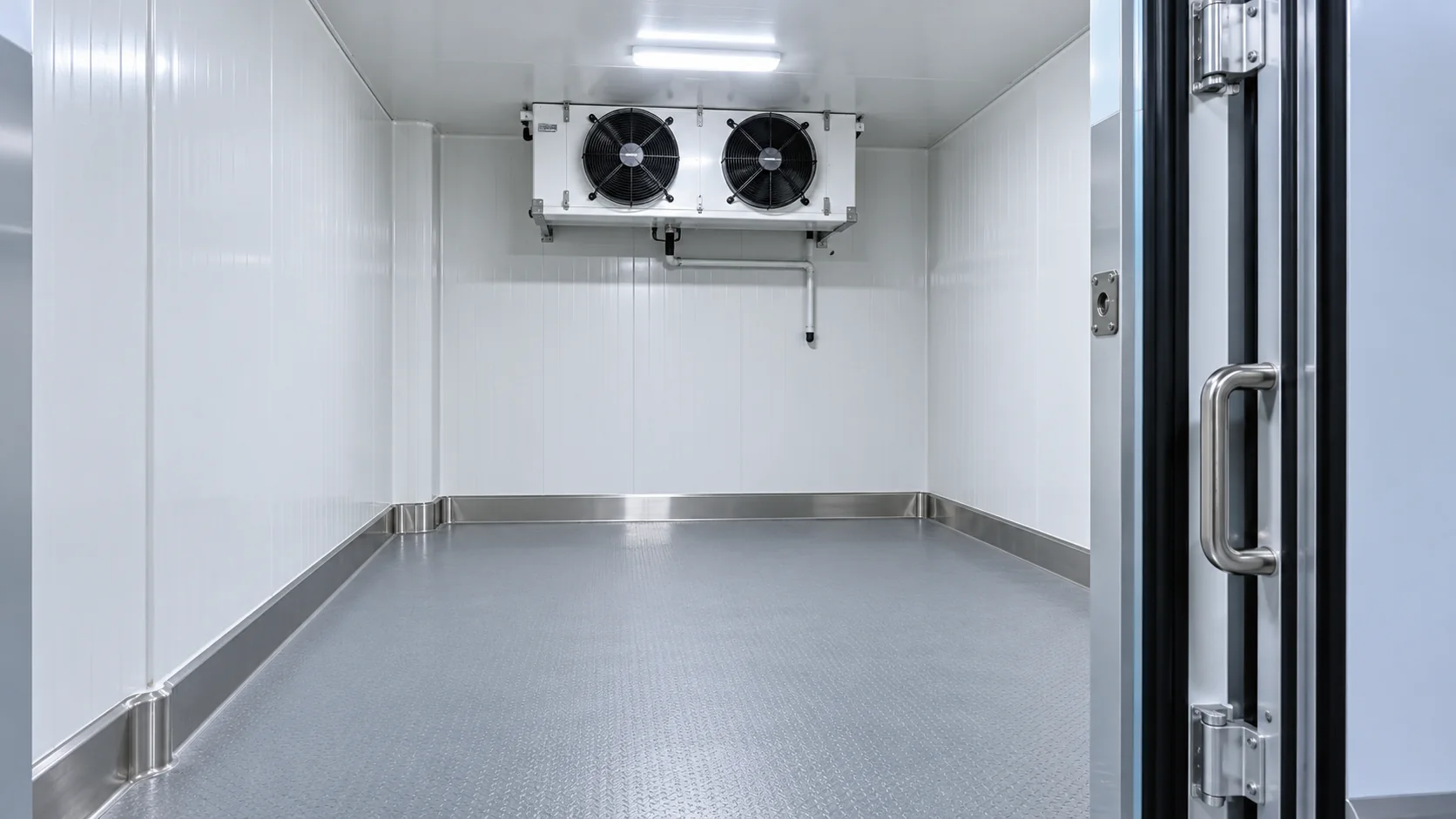 Detail interior cold room dengan sambungan panel, evaporator, dan pintu berinsulasi
