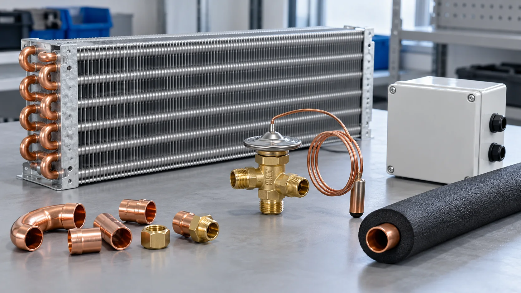 Komponen refrigerasi berupa evaporator, katup, dan sambungan pipa tembaga