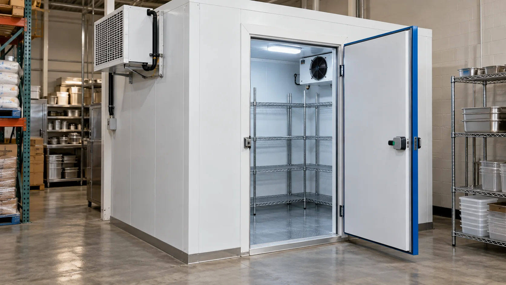 Cold room modular dengan rak penyimpanan dan pintu berinsulasi