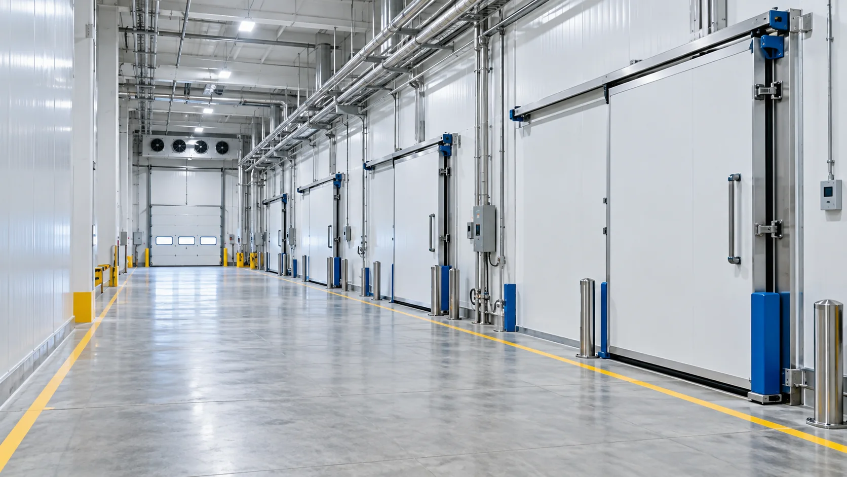 Koridor fasilitas distribusi dengan deretan pintu cold room berinsulasi