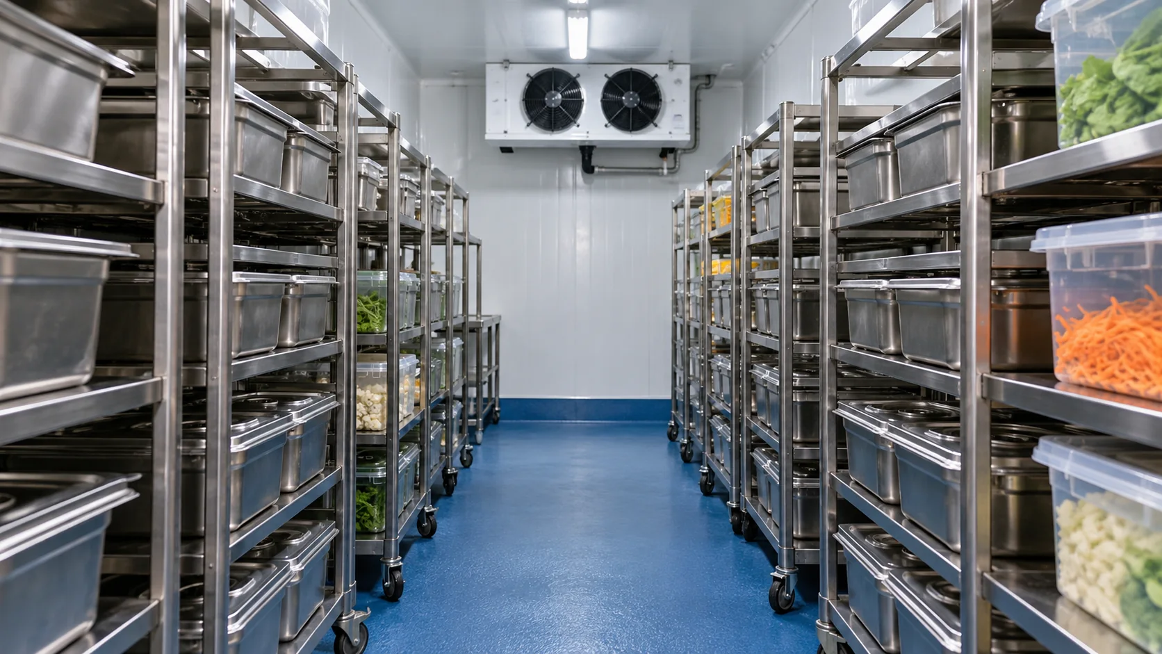 Konsep chiller dapur sentral dengan rak bergerak dan wadah bahan makanan