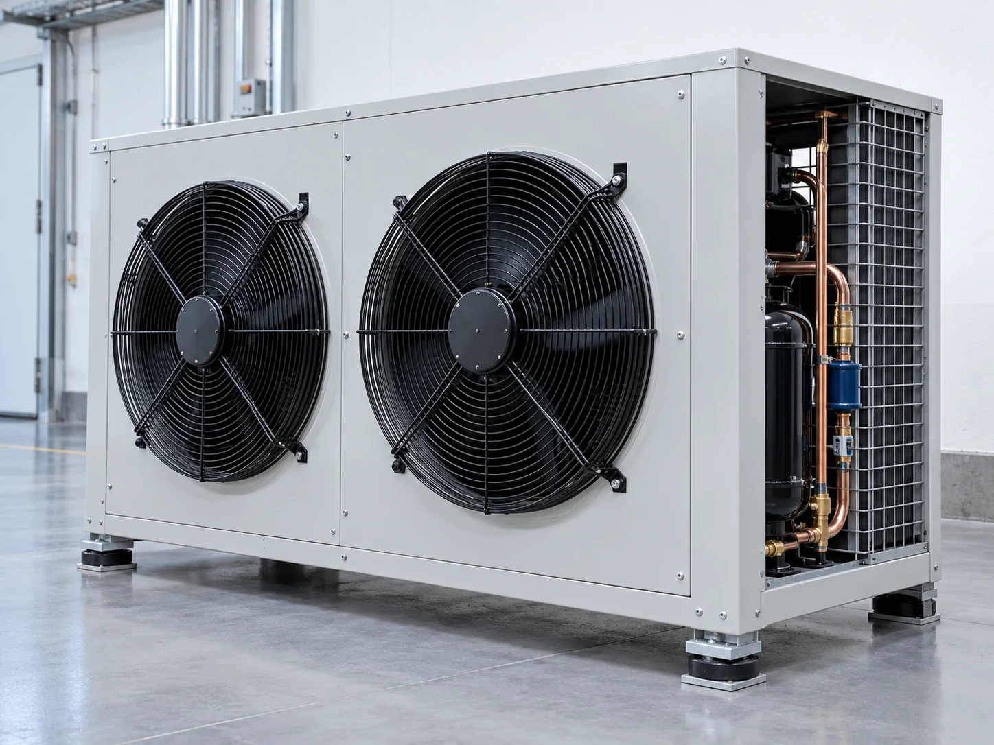 Unit kondensasi refrigerasi dengan kipas dan sambungan pipa